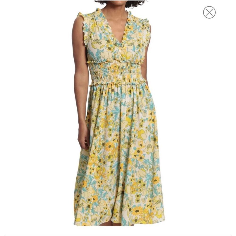London Times smocked waist ruffle floral midi dress vibrant size 4P NWT